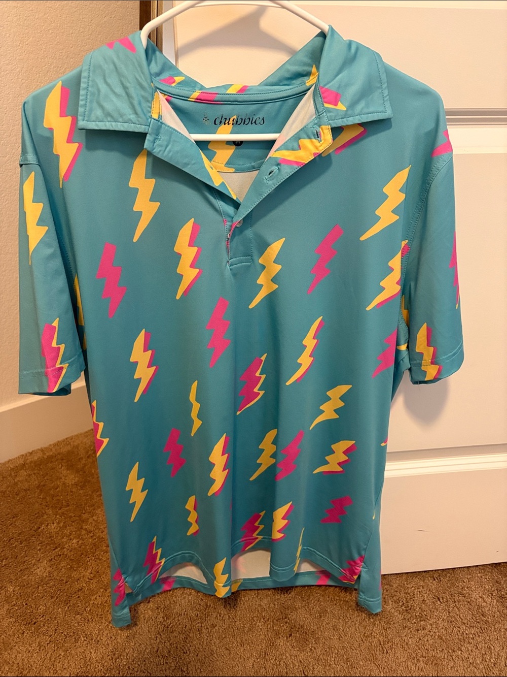 chubbies Teal Polo with Pink & Yellow Lightning Print